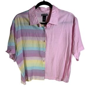 Hot Topic Pastel Rainbow Striped Split Pink Heart Button Up Shirt Large
